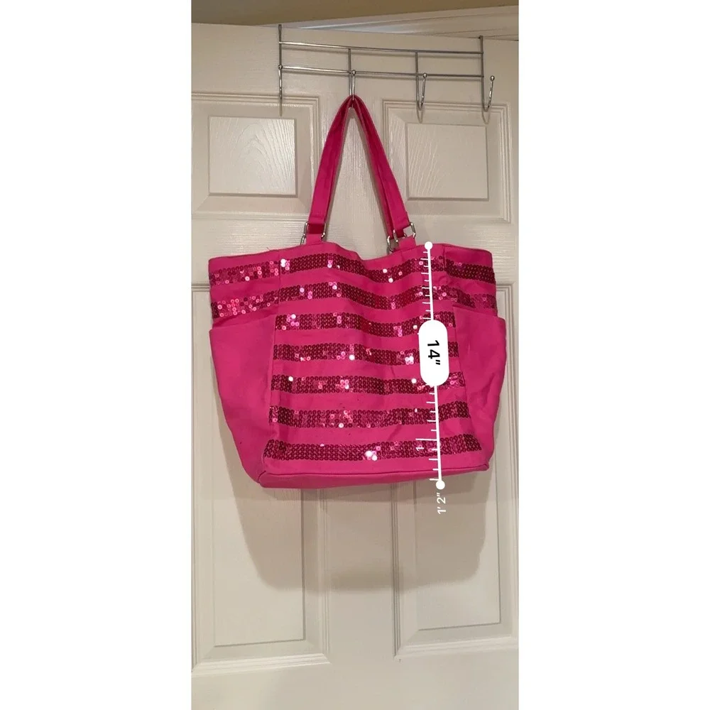 Victorias Secret Pink Sequin Stripe Canvas Tote Bag Shoulder Travel Beach Pink